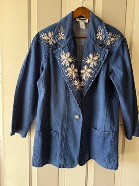 JenJen by Darian Y2K Sz M Embroidery Denim Jacket Floral Rhinestone Accents Vtg